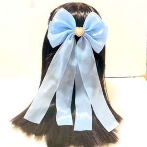 Pastel Blue Hair Bow with Pearl Heart
